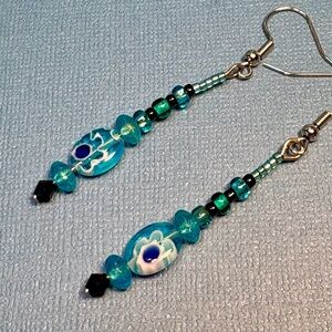 Earrings Pierced Handcrafted Unique Piece Women Turquoise Glass Beads w/Flower